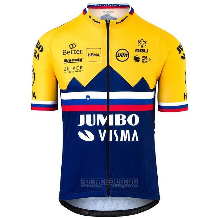 2020 Fahrradbekleidung Jumbo Visma Gelb Blau Trikot Kurzarm und Tragerhose